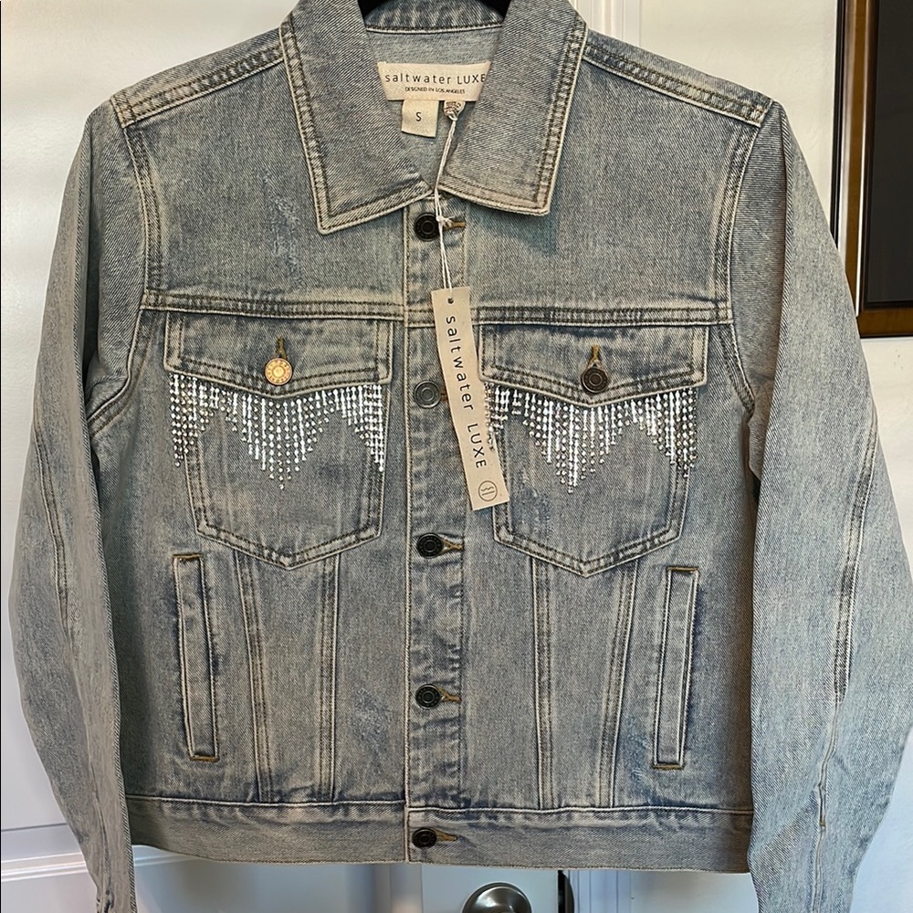 Saltwater Luxe Blue Jean Jacket with Jeweled Fringe